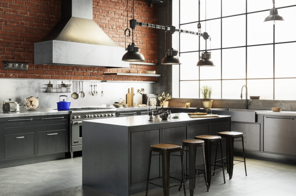 Industrial style kitchen with metal elements